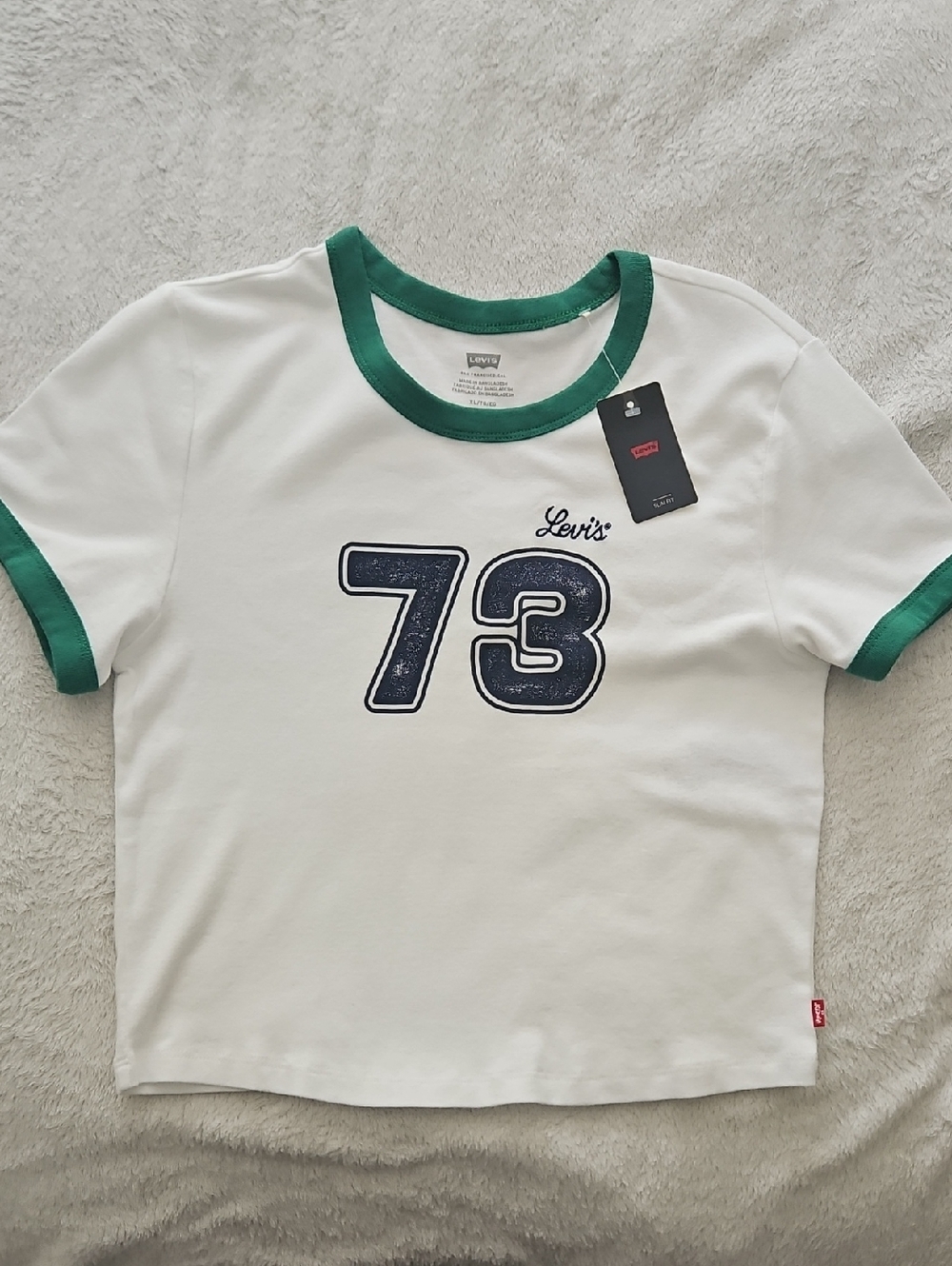 Levi's Cropped Tee: White W/Green Trim/73 Printed On Front: Size- X-Large